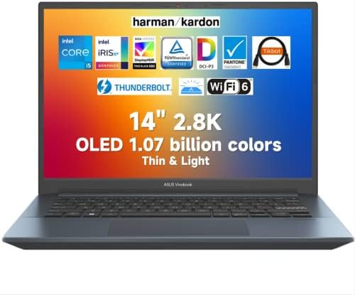 ASUS 2022 VivoBook Pro 14 2,8k OLED DCI-P3 0,2ms laptop slim, Intel Core i5-11300H, Harman/Kardon Audio, Backlit KB, Iris Xe Graphics, TUV Certificado, Thunderbolt 4, Webcam