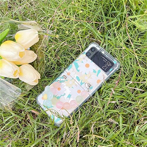 Caixa de telefone de margarida fofa compatível com Samsung Galaxy Z Flip 4 Tampa dura com corrente de pulseira de flores para zlip Z 4 5g Casos de choque acrílico - Limpo