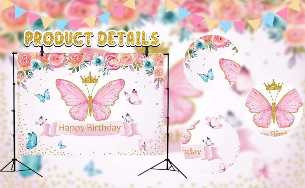 Cenven Butterfly Birthday Birthday Caso -rosa Rosa Coroa de ouro floral Feliz fotografia de fundo menina garotas Princesa