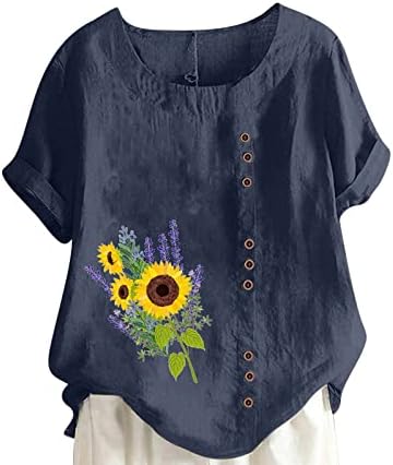 Camiseta da blusa para meninas adolescentes de manga curta de linho de linho de algodão de algodão Girassol Floral Graphic