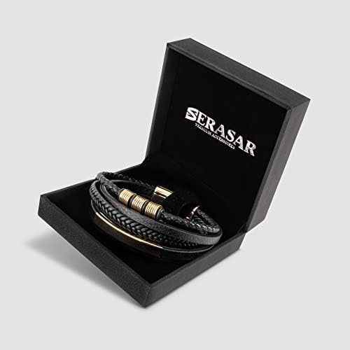 Serasar | Pulseira premium [corajosa] para homens em couro preto genuíno | Fivela de aço inoxidável preto, prateado e dourado e aço inoxidável | Caixa de jóias incluída | Ótima ideia de presente