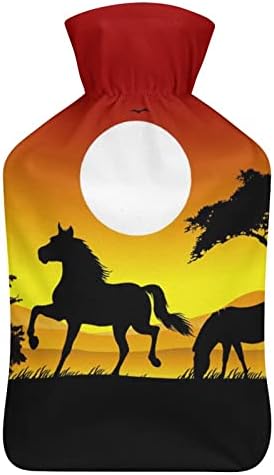 Silhuetas de cavalo com paisagem garrafa de água quente com tampa macia 1l grande bolsa clássica mais quente para os pés da mão do ombro no pescoço