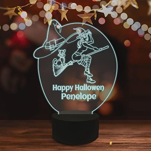 Lâmpada de mesa LED de LED personalizável de Bruxa de Ambesonne, Happy Halloween Lettering Broom Chap