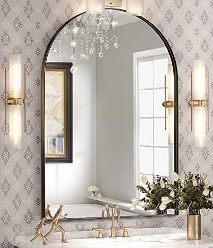 Blilhar espelho arqueado, espelho de parede em arco, espelho de arco preto de 24 x 36 polegadas, espelho de banheiro preto de moldura