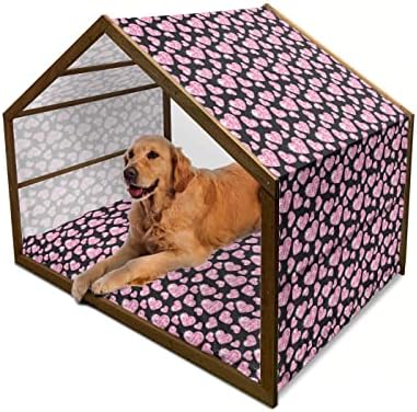 Casa de cães de madeira de Ambesonne Diamonds, Romantic Pink Heart Stones On Black Background Day Day Theme, Kennel portátil de cão portátil interno e externo com travesseiro e capa, 2x-grande, preto pálido