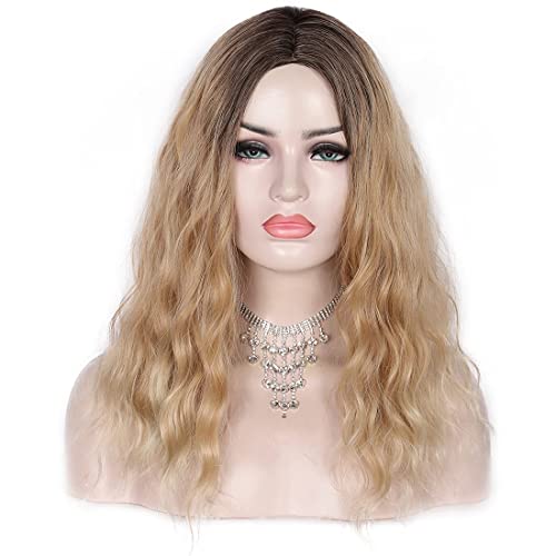 Kalyss 18 polegadas Ombre ondulado encaracolado marrom a loiras perucas para mulheres da parte média da parte do ombro da peruca