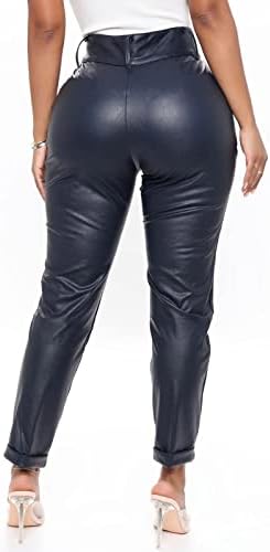 Mulheres calças de cintura alta elástico elástico calças de couro falso de cor sólida