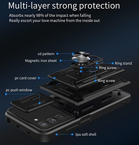 Caso para o estojo Samsung Galaxy S21 Fe 5G com anel de kickstand e tampa da câmera com cartões de crédito Slot titular da