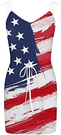 4 de julho Vestido para mulheres Vestido de tanque patriótico de verão com bolsos Mini vestidos de decote em V de cintura