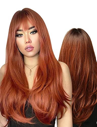 Caseeto ​​longa peruca com franja para mulheres naturais sintéticos perucas de peruca resistente à peruca resistente à fibra de tangerina
