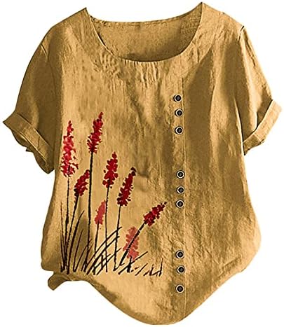 Tampa de tamanho grande para feminino Camiseta de linho de algodão Verão de manga curta Casual estampa floral túnica camiseta solta blusa de tamanho grande