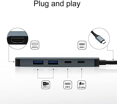 USB C Hub 4K60Hz, adaptador multitor USB-C 5 em 1 com entrega de energia de 100w, 4K60Hz HDMI, 5Gbps USB-C para MacBook, iPad,
