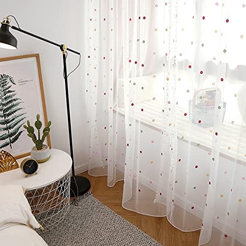 Dots coloridos Design bordados cortinas pura cortinas de cortinas com pom pom poms tassel para meninas tratamentos