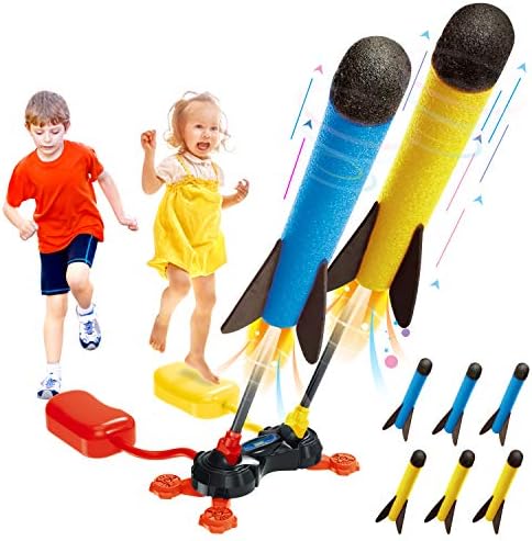 Lançador de foguetes de brinquedo para crianças, tiro de brinquedos ao ar livre de até 100 pés de foguete de salto 6 foguetes de