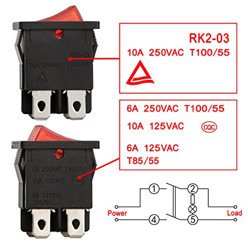 Retângulo de Heschen Mini Rocker Switch, RK2-03, DPST, On-Off, 2 Posição, 4 terminais, luz vermelha, 6A 250VAC, para eletrodomésticos para automóveis de carro, 5pack