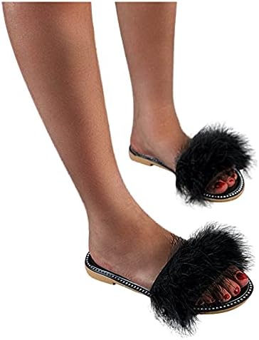 Fuzzy Slippers Mulheres Moda Moda Plexh Flat Flat feminino Cristal e chinelos sandálias casuais Sandálias chunky femininas
