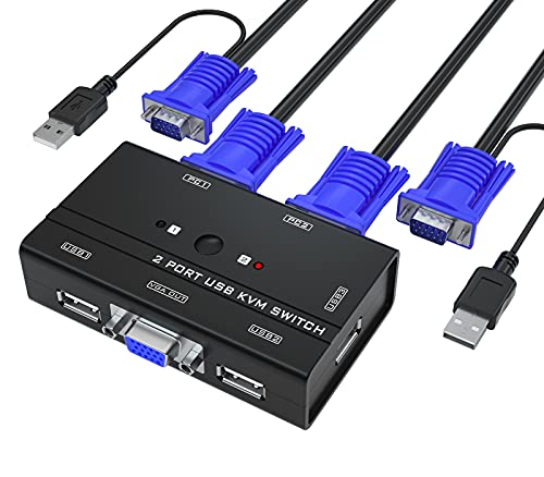 Switch Yinker VGA KVM, 2 porta USB VGA KVM Switch w/2 kvm Cabos e 3 hubs USB para 2 computadores compartilham um monitor