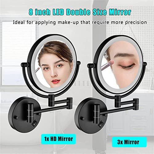 Espelho de maquiagem montada na parede, espelho de banheiro recarregável USB, espelho de tensão de toque de luz 1x/3x de dois lados/3x