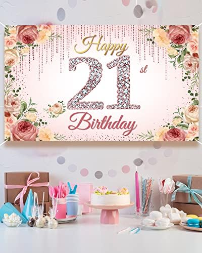 Htdzzi Decorações de 21º aniversário para ela, Rose Gold Happy 21st Birthday Birthday Banddrop Banner, Floral Pink Floral
