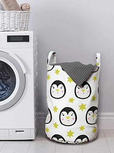 Bolsa de lavanderia pinguim lunarável, rostos engraçados de pássaros aquáticos com doodle cômico estrelam o animal, cesto