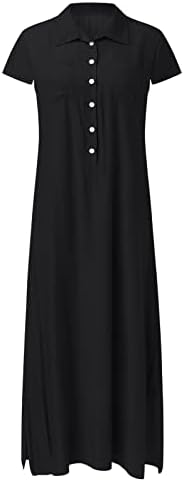 Jeans Ladies Dress Casual Summer Metade de botão com manga curta Denim Denim Slimming Slit Slit Long Maxi Dress