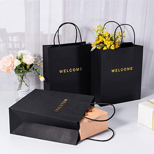 Druew Welcome Bags 50 pacote, 7,9 x 3,7x 9,4 '' Black Welcome Gift Sacols Sacos de papel com alças sacos de presente pretos para varejo, casamento, festa, compras