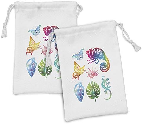 Conjunto de bolsas de tecido tropical de Ambesonne de 2, design abstrato de fauna exótica e folhagem de borboletas répteis