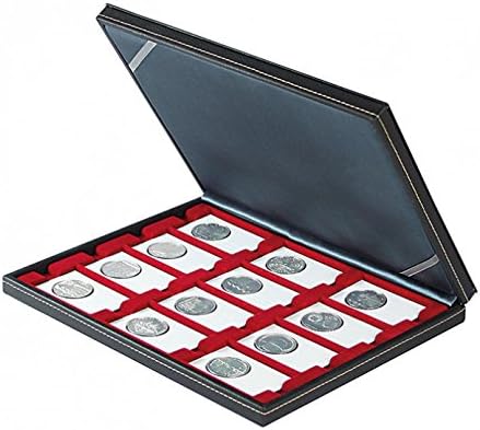 Lindner 2364-2770e Case de moeda Nera M com inserção vermelha escura com 12 compartimentos retangulares para os suportes de