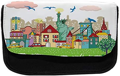 Caixa de lápis Lunarable USA, elementos urbanos da cidade de Nova York, Saco de lápis de caneta com zíper duplo, 8,5 x 5,5, multicolor