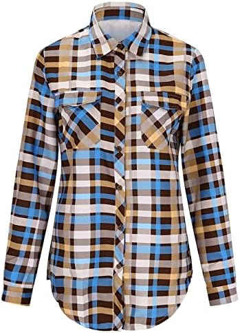 Botão de xadrez/faixa para mulheres camisa casual de manga longa rollo up pocket shacket tops