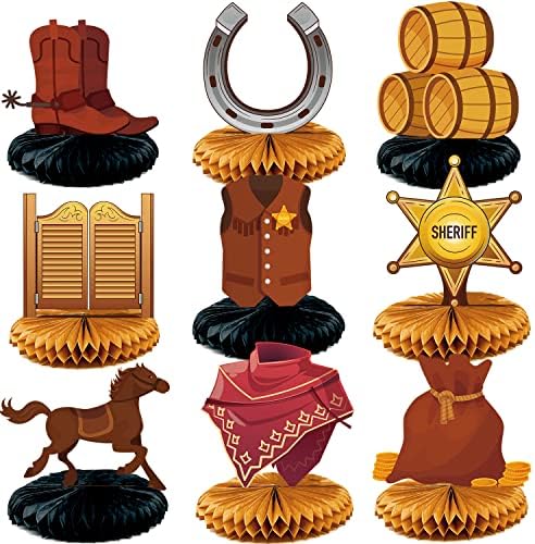 9 peças decorações selvagens de cowboys ocidentais com peças centrais de favo de mel para festas com temas ocidentais, chuveiros