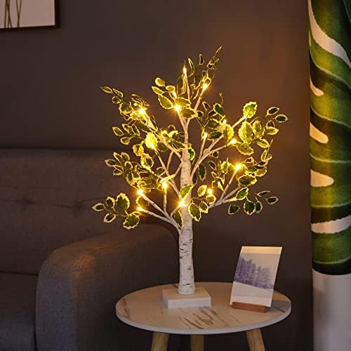 2ft 24 LED Warm White Light Up Birch Tree com folhas verdes, pequena árvore de Natal artificial com luzes com o timer operado por bateria ou plug -in USB para decoração de casamento em casa