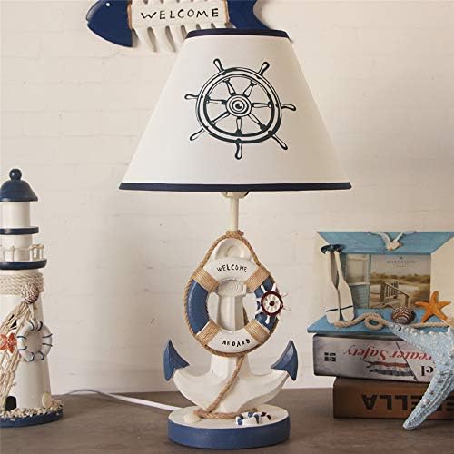 Baycheer Navy azul âncora luminárias de mesa de mesa de tecido e resina Branca e azul Luz noturna com corda Leitura de