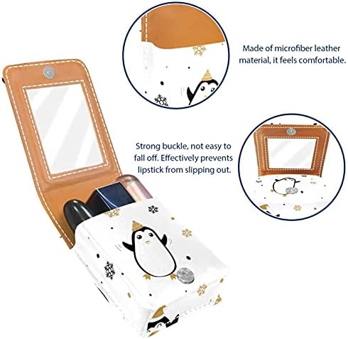 Caixa de batom de maquiagem portátil para viajar, fofo pinguins-snowflakes mini caixa de armazenamento de batom com espelho para mulheres mulheres, bolsa cosmética de couro
