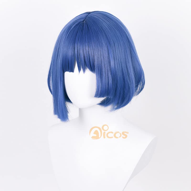 AICOS curta azul peruca Bob Anime Cosplay Wig para rock and roll com alfinetes de cabelo preto+tampa da peruca