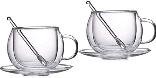Canecas de café/chá de vidro de parede dupla com alça, pires e colher de vidro - 8,7 onças - Conjunto de 2 - o café/xícaras