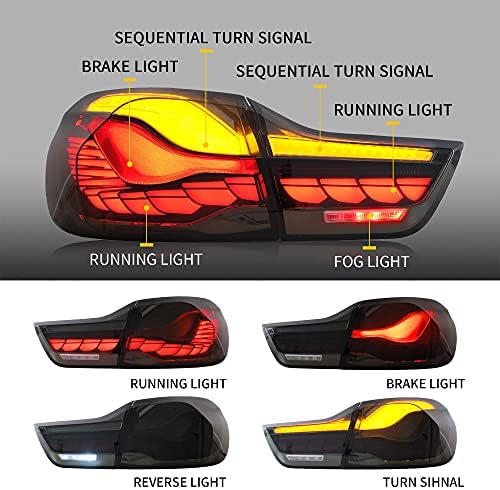 Lanternas traseiras fumadas da série OLED 4 com sinalização seqüencial de giro compatível com [BMW M4 GTS F32 F33 F82 F36 F83 2014-2020 Sedan/cupê/conversível] com escala de dragão luz de corrida dinâmica, YAB-BW4-0391S