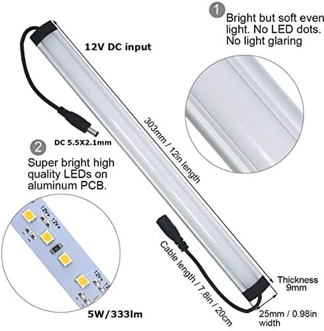 Litever extra sob barras de iluminação do gabinete, 12VDC, 5000k Daylight White, com clipes de montagem, parafusos, almofadas