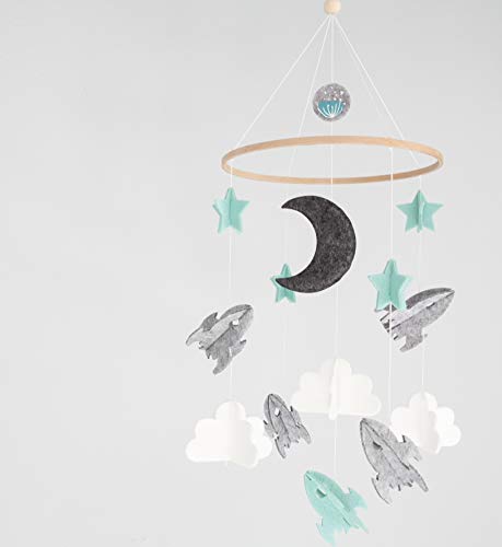 Baby Crib Mobile for Boys and Girls - Blue Baby Shower Gift Set Decor Nursery Night Night Moon Star Cloud Rocket Space unissex