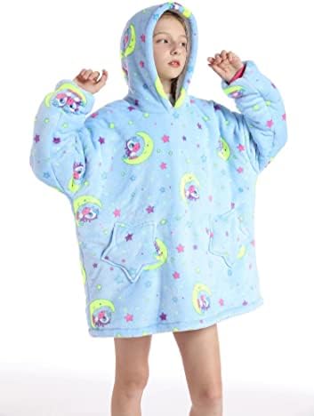 Hoodie cobertor para crianças de 4 a 12 anos de flanela de flanela vestível com capuz de capuz de tamanho grande com bolsos e mangas
