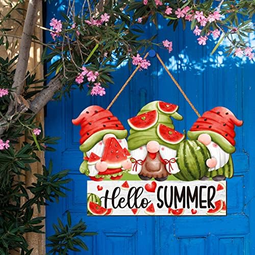 Olá, decoração de verão, gnomos de melancia, sinal de melancia, decorações de parede de verão, verão pendurado no verão decoração de parede de parede placa por porta de frente rústica da fazenda casa de colheita de melancia