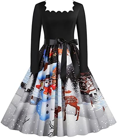 2022 vestido de Natal Vestido feminino Vintage Vestidos de colarinho quadrado de colarinho imprimido gráfico de natal rockabilly