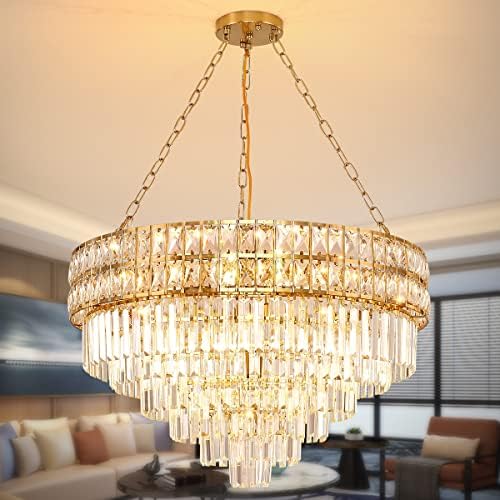 Aochok Modern Crystal Candelier Gold Acabar luminária, lâmpada pendente de cristal redonda, para sala de estar, sala