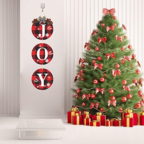 Decoração de Natal Grinalsa de Joy, Buffalo Verifique o sinal de penduramento pendurado para a porta da frente, os enfeites de Natal de madeira rústica para a casa da parede de parede da casa