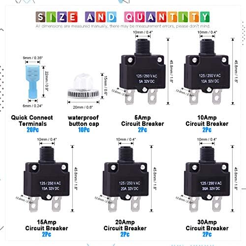 Glarks 30pcs 5a 10a 15a 20a 30a Disjuntores Térmica Interruptor de protetor de sobrecarga térmica com redefinição manual 32VDC,