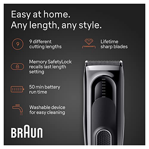 Braun Hair Clippers Series 5 5310, cortadores de cabelo para homens, clipe de cabelo de casa com 9 comprimentos, incl. Configuração de recall de segurança de memória, lâminas ultra-afiadas, 2 pentes,