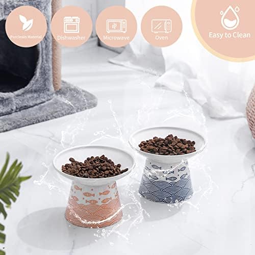 6,25 polegadas de gato de cerâmica extra largo de 6,25 polegadas, alimentos e tigela de água para cães pequenos de gatos grandes, design elevado para animais de estimação fácil, proteger a coluna de gato, azul e laranja, conjunto de 2