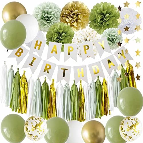 Ansomo Olive Green e Ouro Decorações de Feliz Aniversário Decorações Sábio Verde Branco Avocado Safari Verdeia Botânica