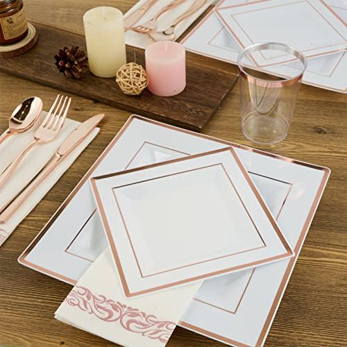 175 peças Rose Gold Dinnerware Conjunto 25 Guest-50 Placas de plástico quadradas-Pratações de plástico de ouro rosa-rosa-Copos