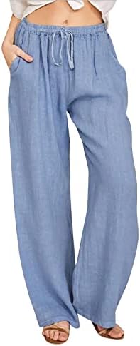 Calça de algodão de linho de perna larga feminina Palazzas casuais calças de ioga elástica de alta cintura elástica